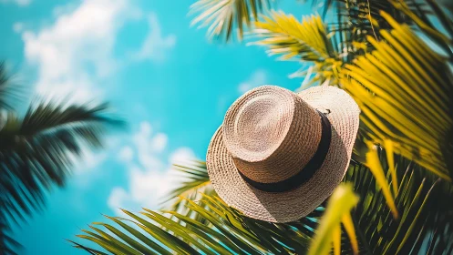 Straw sun hat drifts among palm leaves under bright sky