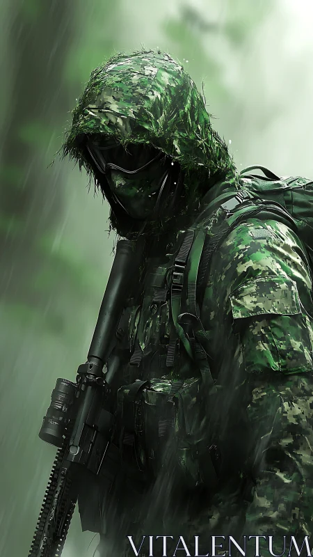 Camouflaged soldier in rain holding rifle in dense forest