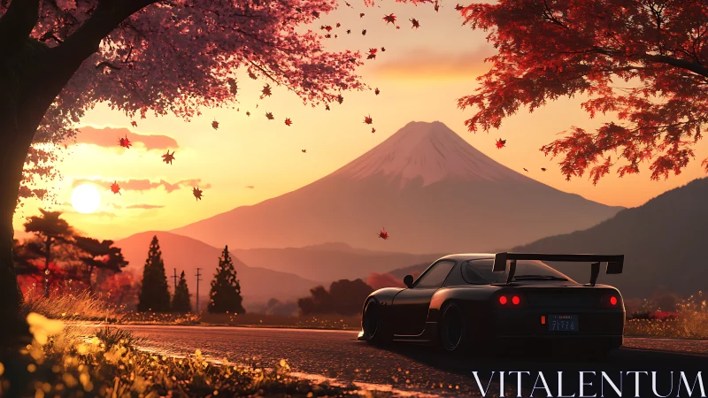 Sunset drive beneath autumn leaves and a quiet Mt Fuji.