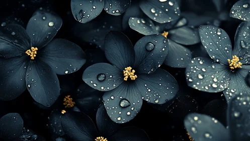 Dark petaled flowers with water droplets on black background.