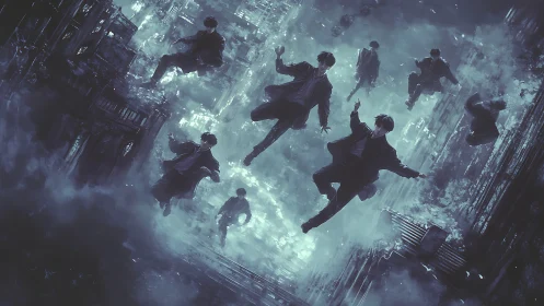 Midnight city drifters float together in a dreamy freefall