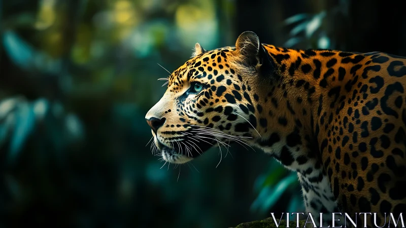 Jungle-eyed jaguar poised in emerald-dim rainforest hush.