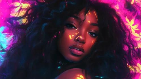Portrait shows young woman in neon light with glowing accents