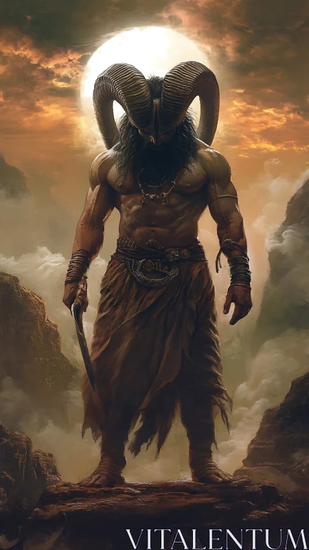 Mythic horned warlord in backlit mountainous tableau digital painting.
