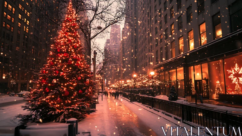 Glowing city Christmas tree lights up a snowy winter street