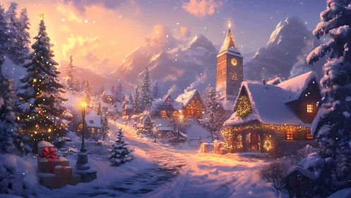 Snowy Christmas village street under glowing dusk sky.