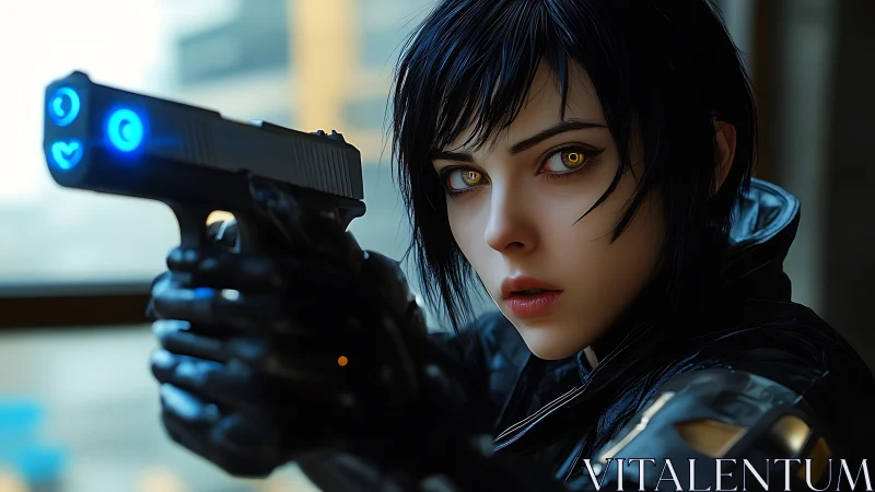 Cybernetic agent aims glowing pistol with focused intensity