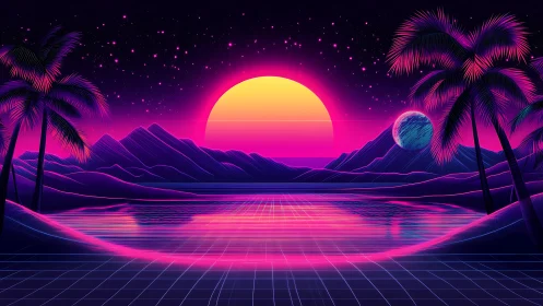 Neon sunset lagoon under retro-futuristic cosmic skies.