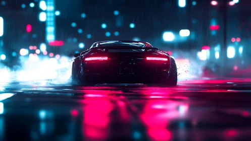 Neon drenched supercar accelerates through cyberpunk rain