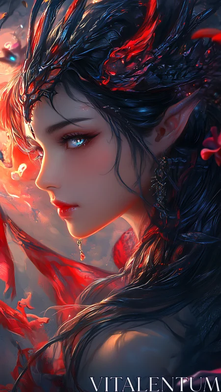 Fiery dragonborn muse with shimmering midnight gaze.