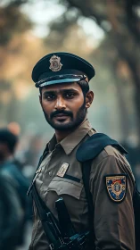 Focused uniformed police officer standing in city street.