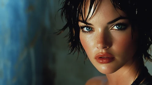Moody blue gaze and wet hair in soft cinematic light.