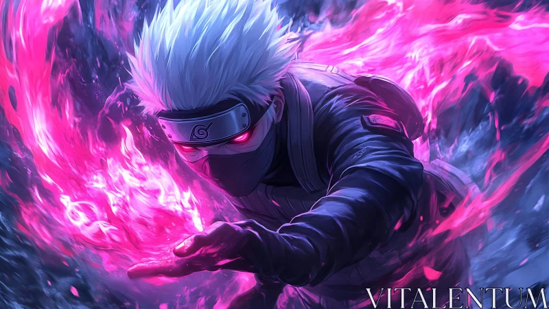 White haired masked ninja channeling pink ethereal energy field
