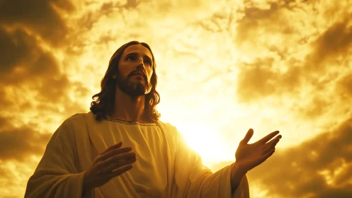 Radiant robed figure before golden sunset sky haloed light.