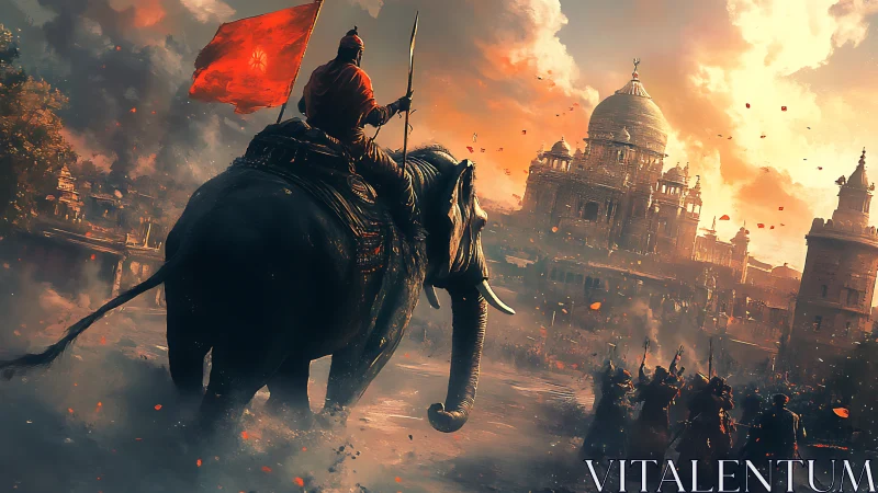 Armored war elephant advances toward burning domed citadel