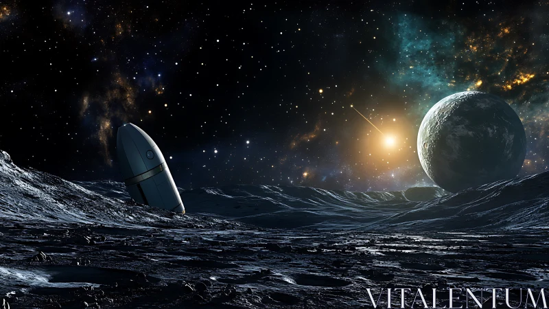 Crashed capsule on cratered moon under dense starfield illumination