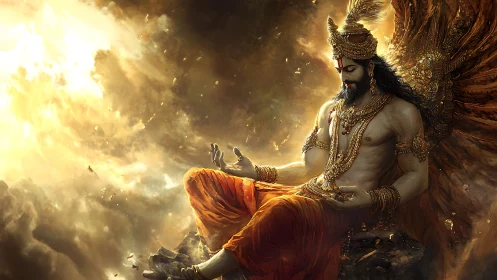 Winged ornate figure sits amid luminous cloud vortex