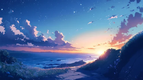 Coastal twilight gradient over stylized ocean horizon plane.