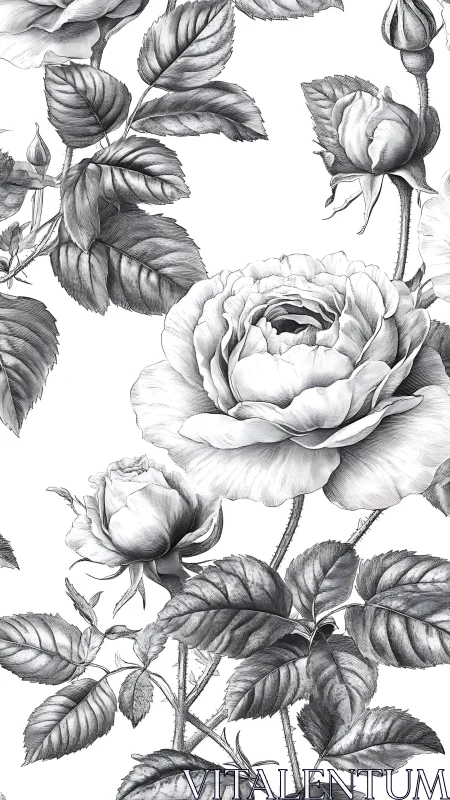 Botanical Graphite Study: Multi-stem Roses with Layered Foliage Composition