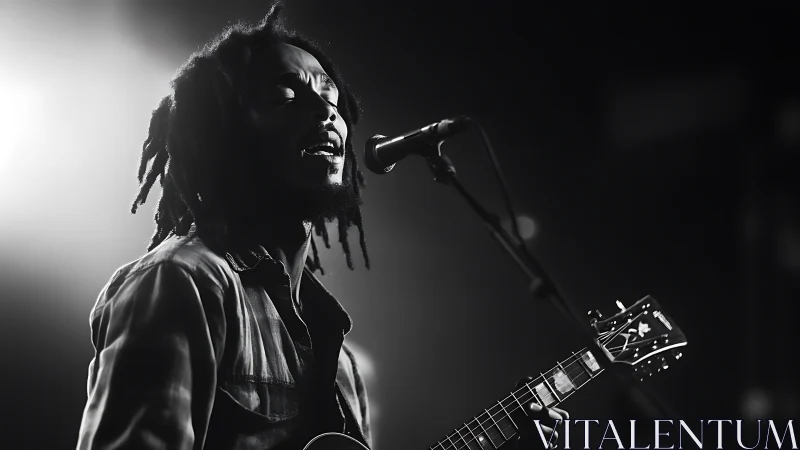 Singer with guitar performs under dramatic stage spotlight