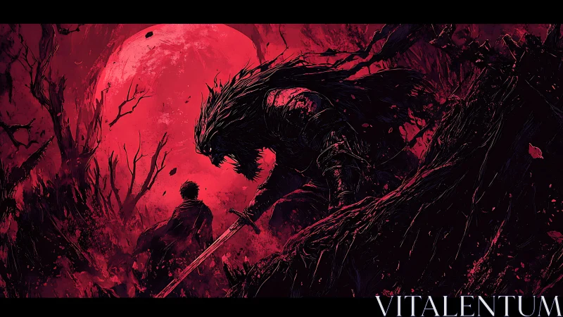 Dark warrior confronting cloaked figure under blood moon.