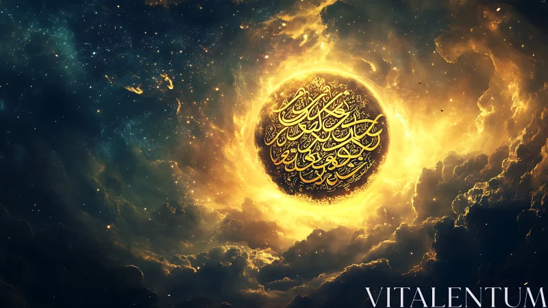 Golden Arabic calligraphy sphere framed by glowing nebula