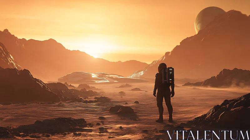 Lone astronaut surveys a glowing alien desert at sunrise