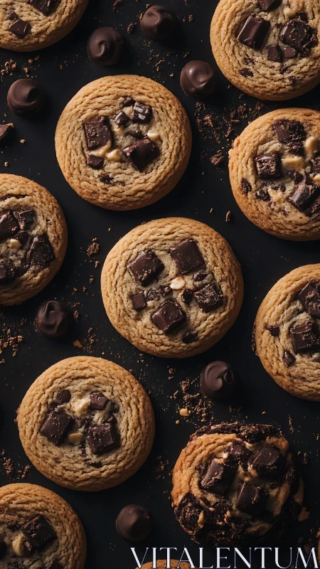 Chocolate chunk cookies form tight grid on dark background