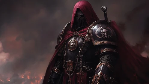 Brooding dark knight in crimson cloak stands over smoky ruins