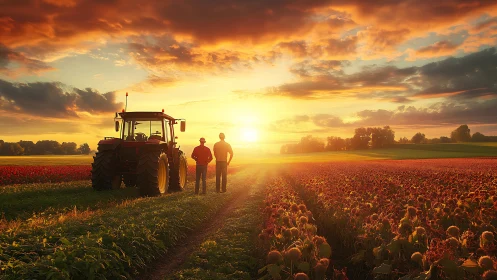 Photorealistic rural sunset with tractor and field perspective.