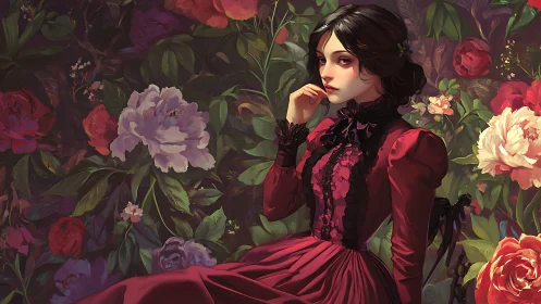 Victorian woman in crimson dress framed by lush florals.