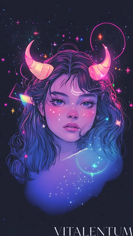 Neon cosmic girl with glowing horns in star-swept void.