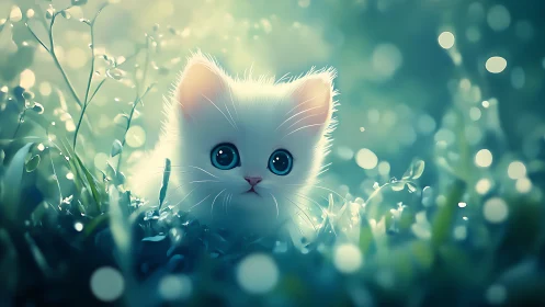 White Kitten in Botanical Bokeh Field: Digital Illustration.
