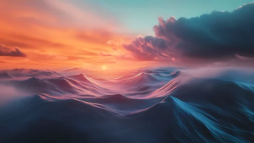 Spectral ocean wavefield under volumetric sunset cloudscape.