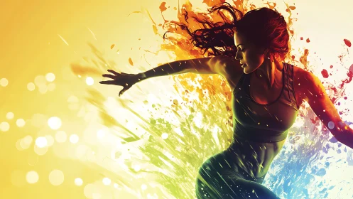 Dynamic female figure extends arm amid radial color burst