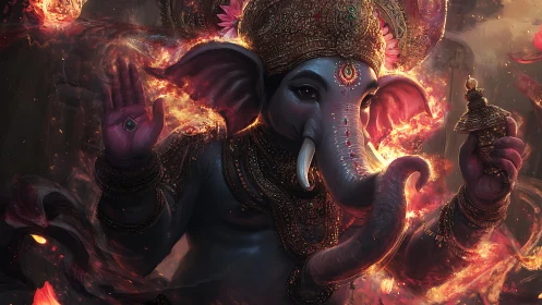 Divine elephant-headed deity in radiant molten fire halo.