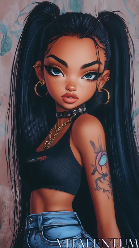 Ink-eyed street siren with celestial tattooed swagger.