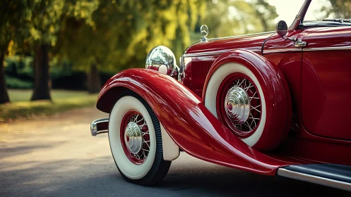 Graceful vintage red roadster gleams in soft park light
