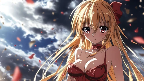 Stormlit petals frame a solemn girl in crimson lace