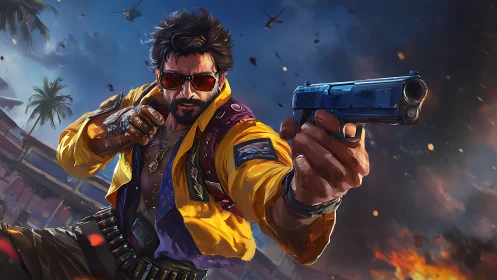 Gunman in yellow jacket aims pistol amid urban chaos.