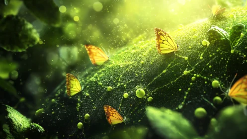 Sunlit yellow butterflies rest on dew-covered forest leaf