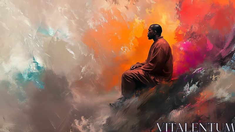 Quiet figure resting in a glowing storm of gentle color.