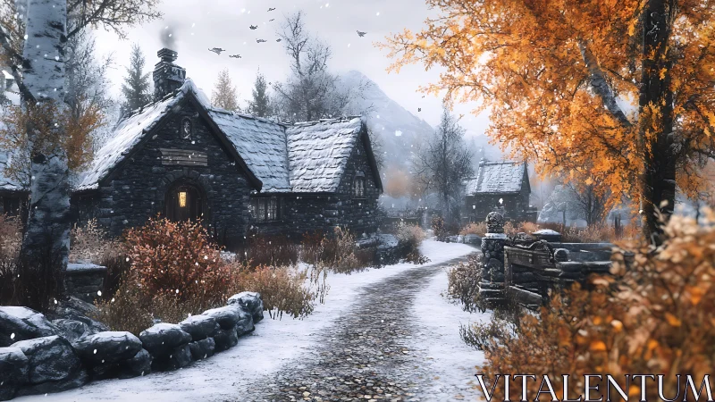 Photorealistic rustic village lane in early winter snowfall.