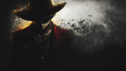 Shadowed straw-hat swordsman amid dissolving dark clouds.