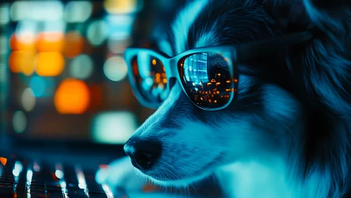 Dog in reflective glasses at keyboard under neon light.