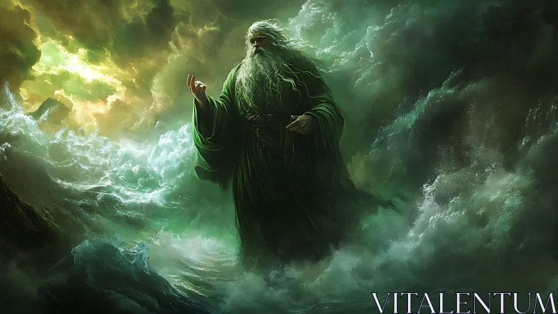 Storm deity in emerald robes commands turbulent oceanic cloudscape