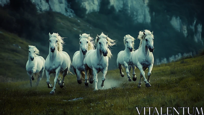 Galloping white horses in misty green valley under cliffs