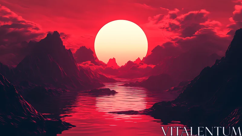 Crimson alien seascape renders a colossal sun over jagged peaks