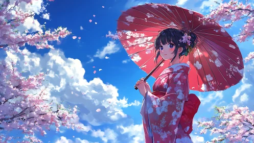 Kimono-clad girl under parasol amid high-saturation cherry blossoms