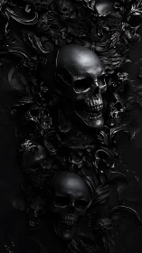Black skull relief with ornate baroque floral textures.